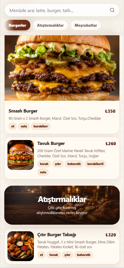 Mobil QR restoran menüsü örneği